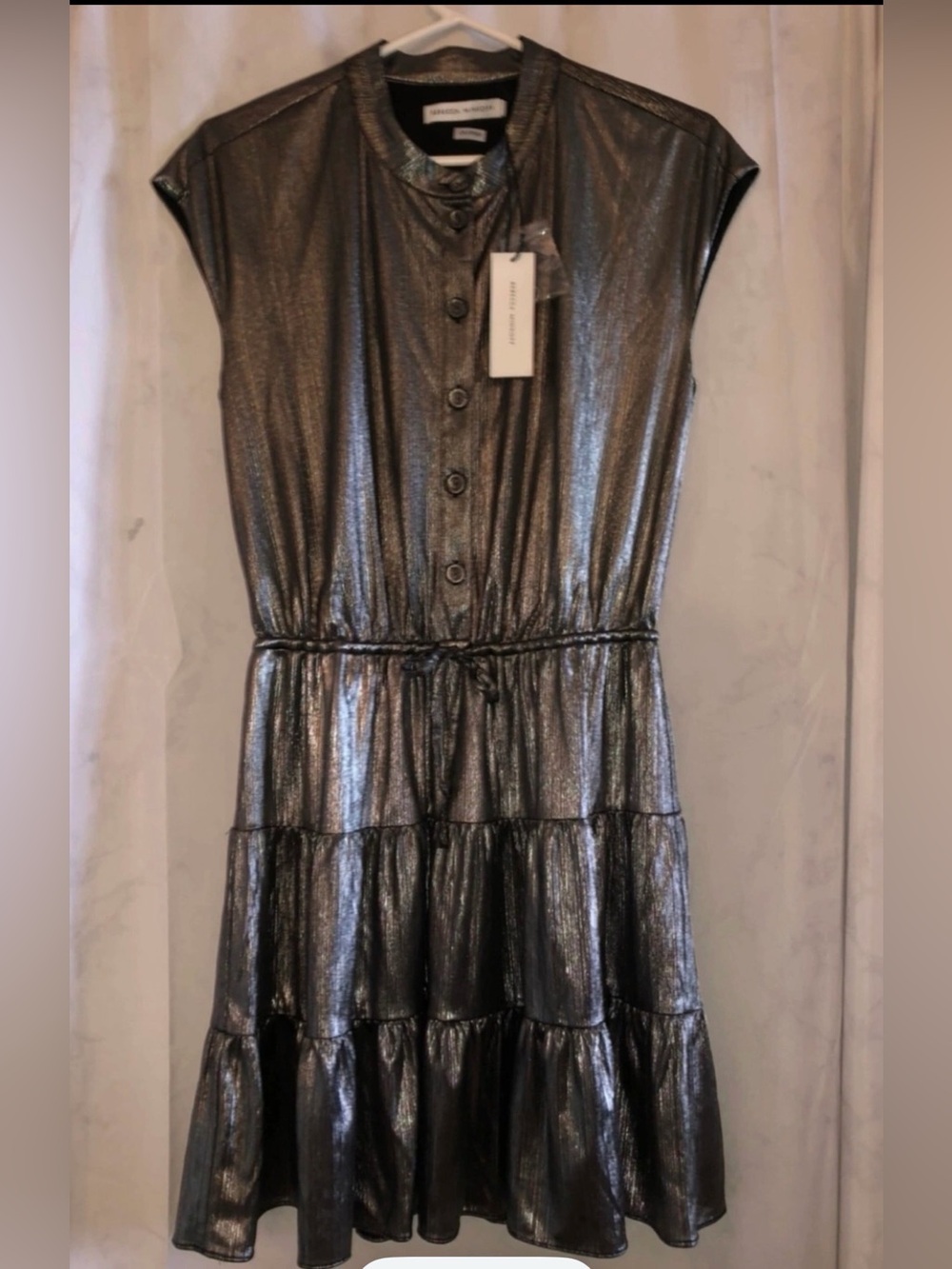 Rebecca Minkoff Metallic Ollie Tiered Button-Front Dress - Silver